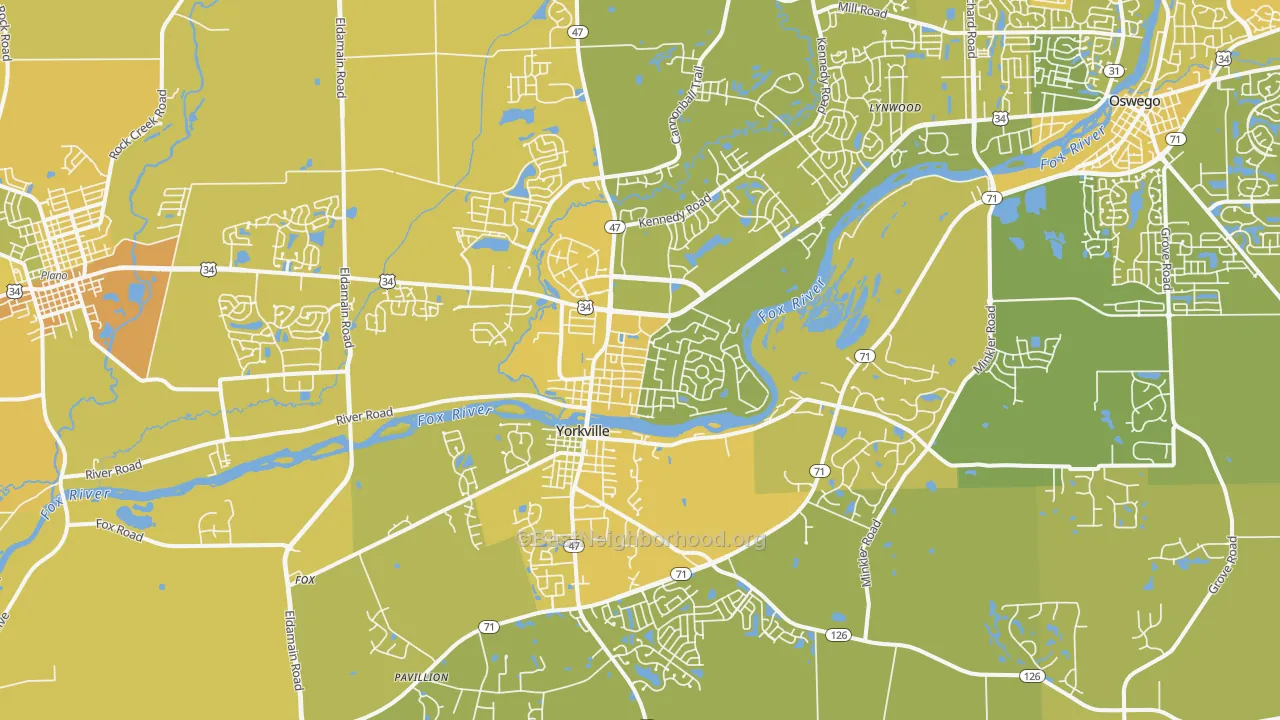 Map of the best neighborhoods in the Yorkville area, with better matches in green and worse matches in red