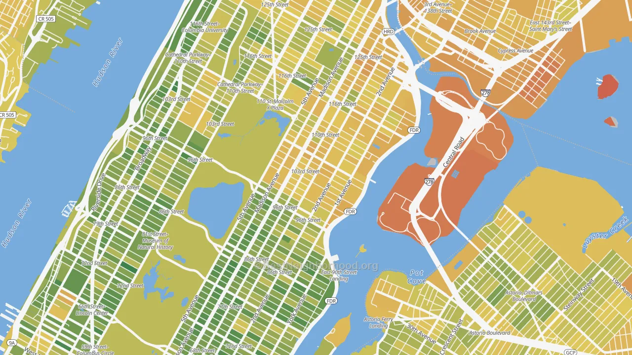 Map of the best neighborhoods in the Yorkville, Manhattan area, with better matches in green and worse matches in red
