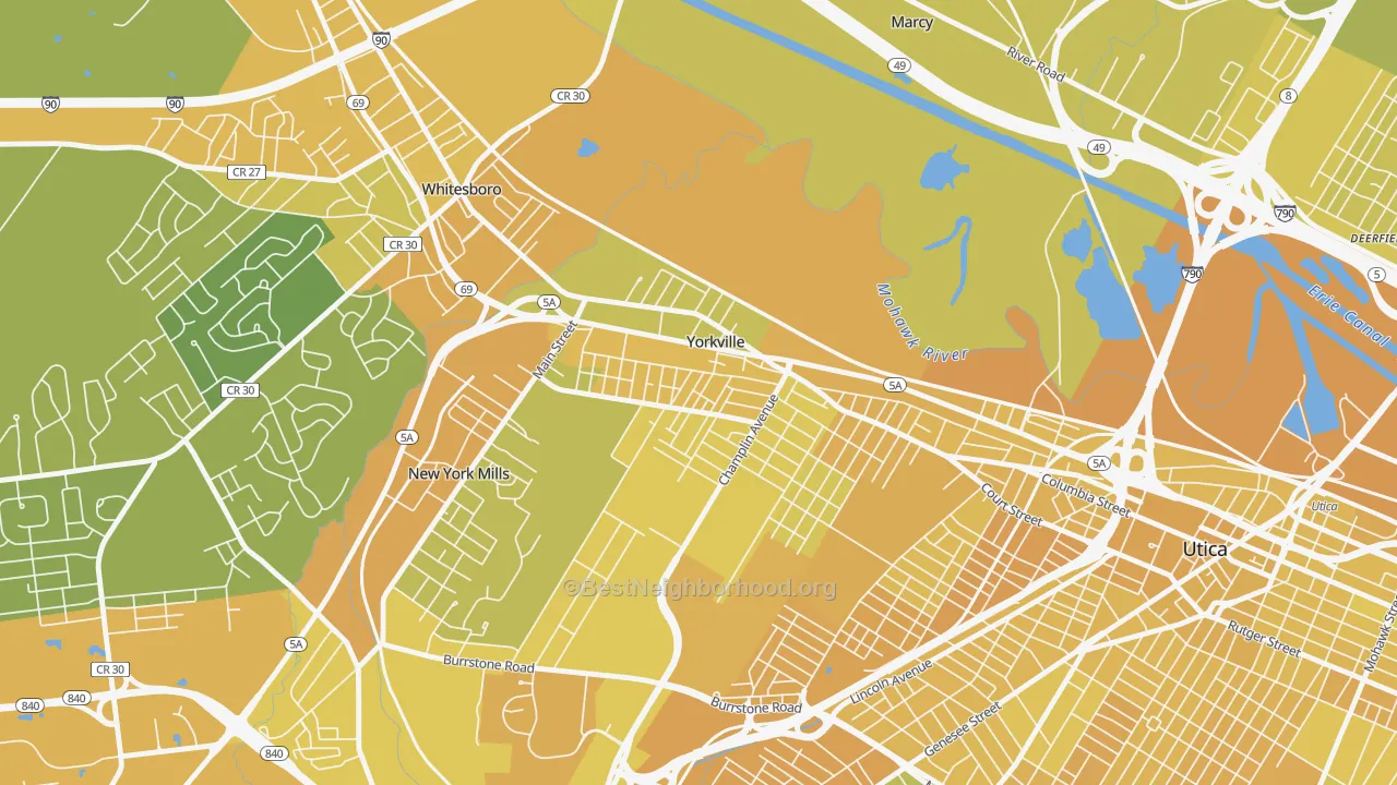 Map of the best neighborhoods in the Yorkville area, with better matches in green and worse matches in red