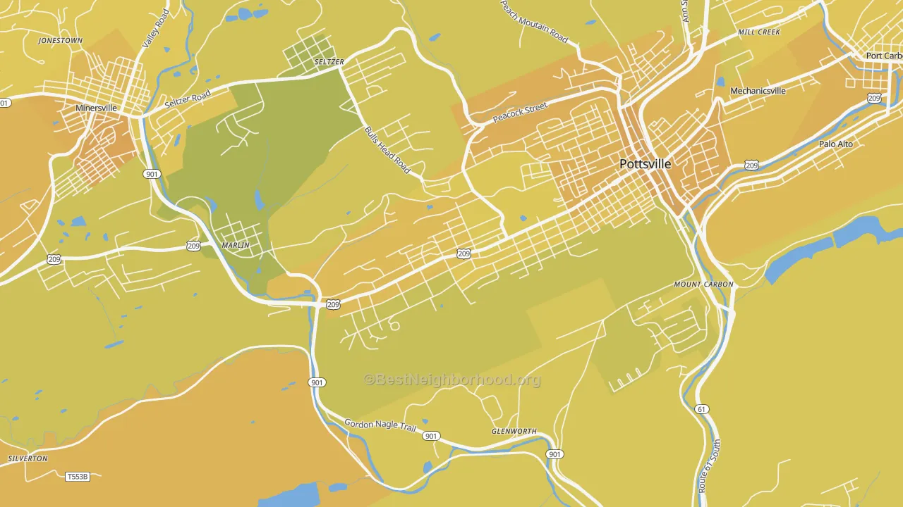 Map of the best neighborhoods in the Yorkville, Pottsville area, with better matches in green and worse matches in red