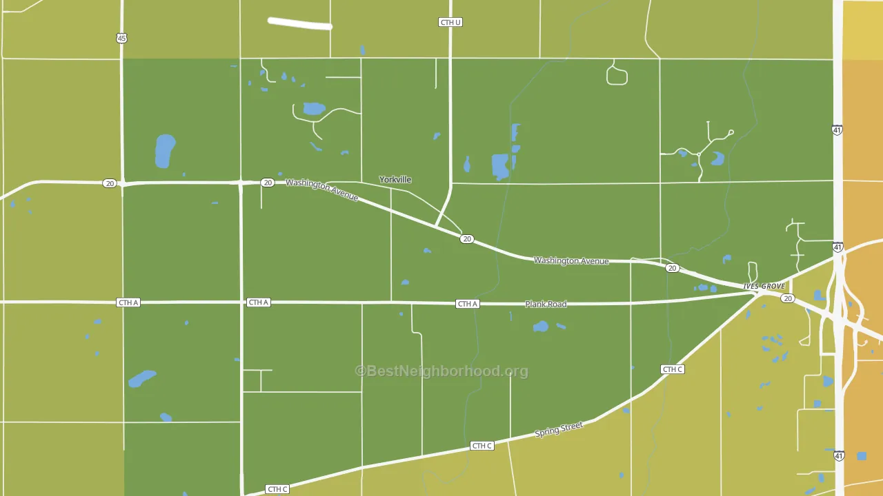 Map of the best neighborhoods in the Yorkville area, with better matches in green and worse matches in red