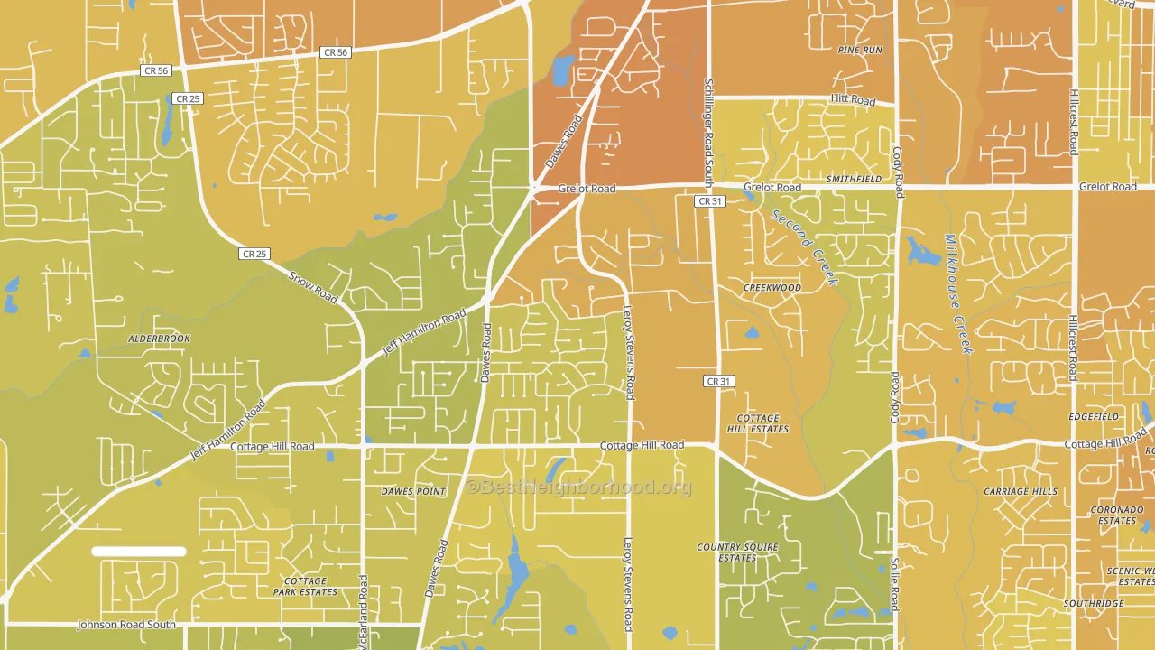 Map of the best neighborhoods in the Yorkwood, Mobile area, with better matches in green and worse matches in red