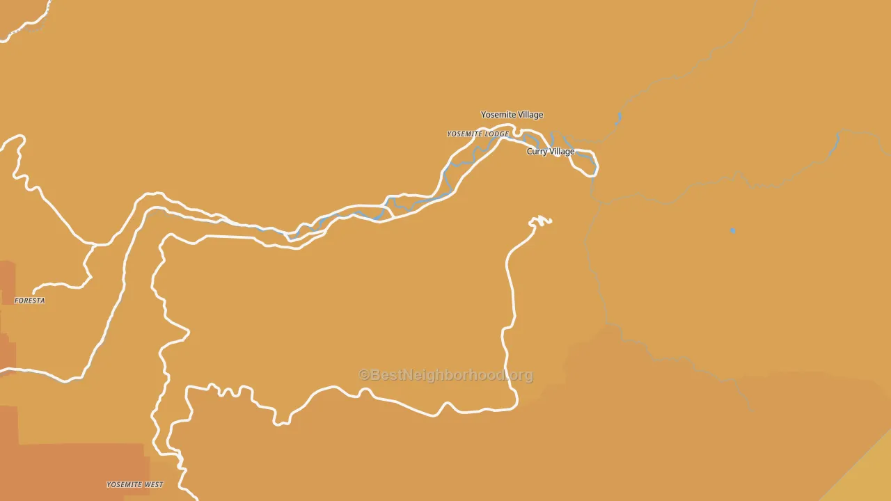 Map of the best neighborhoods in the Yosemite National Park area, with better matches in green and worse matches in red