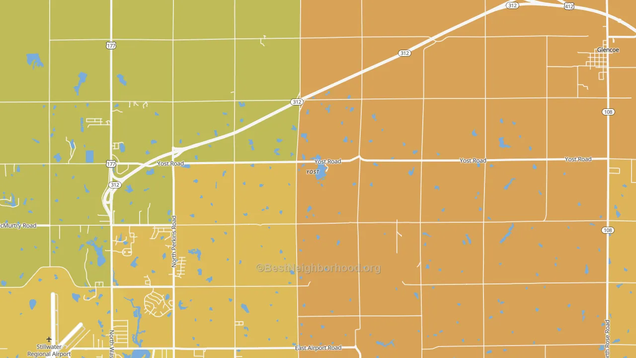 Map of the best neighborhoods in the Yost area, with better matches in green and worse matches in red