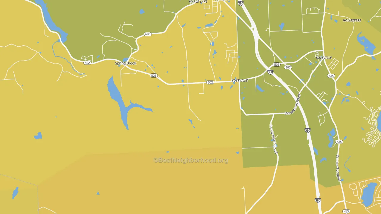 Map of the best neighborhoods in the Yostville area, with better matches in green and worse matches in red