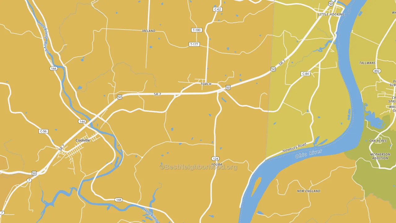Map of the best neighborhoods in the Youba area, with better matches in green and worse matches in red