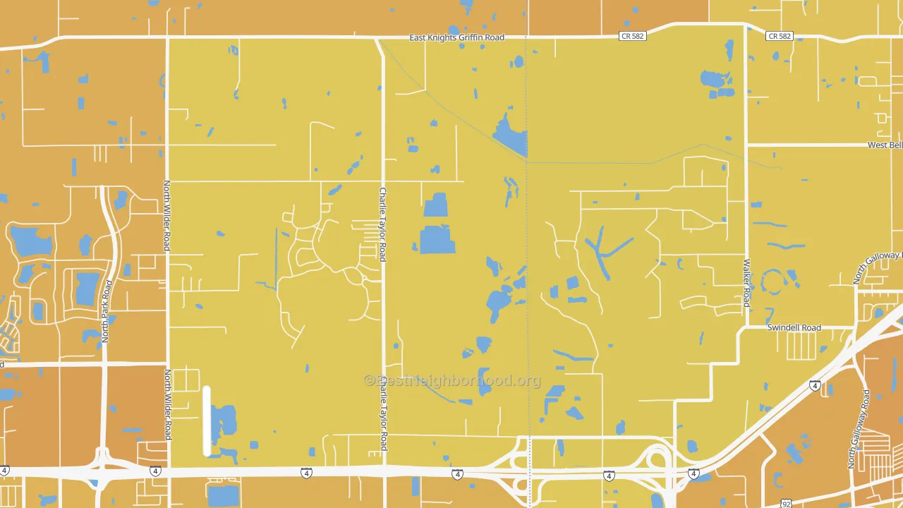 Map of the best neighborhoods in the Youmans area, with better matches in green and worse matches in red
