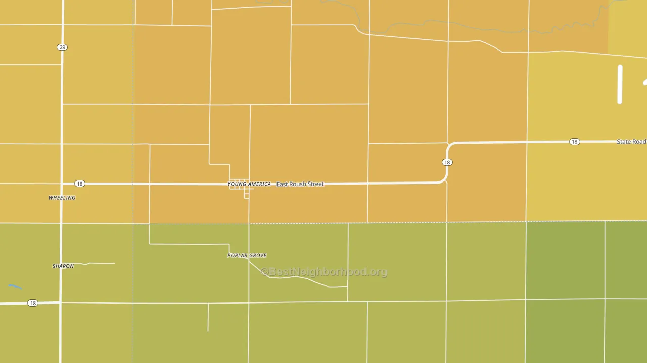 Map of the best neighborhoods in the Young America area, with better matches in green and worse matches in red