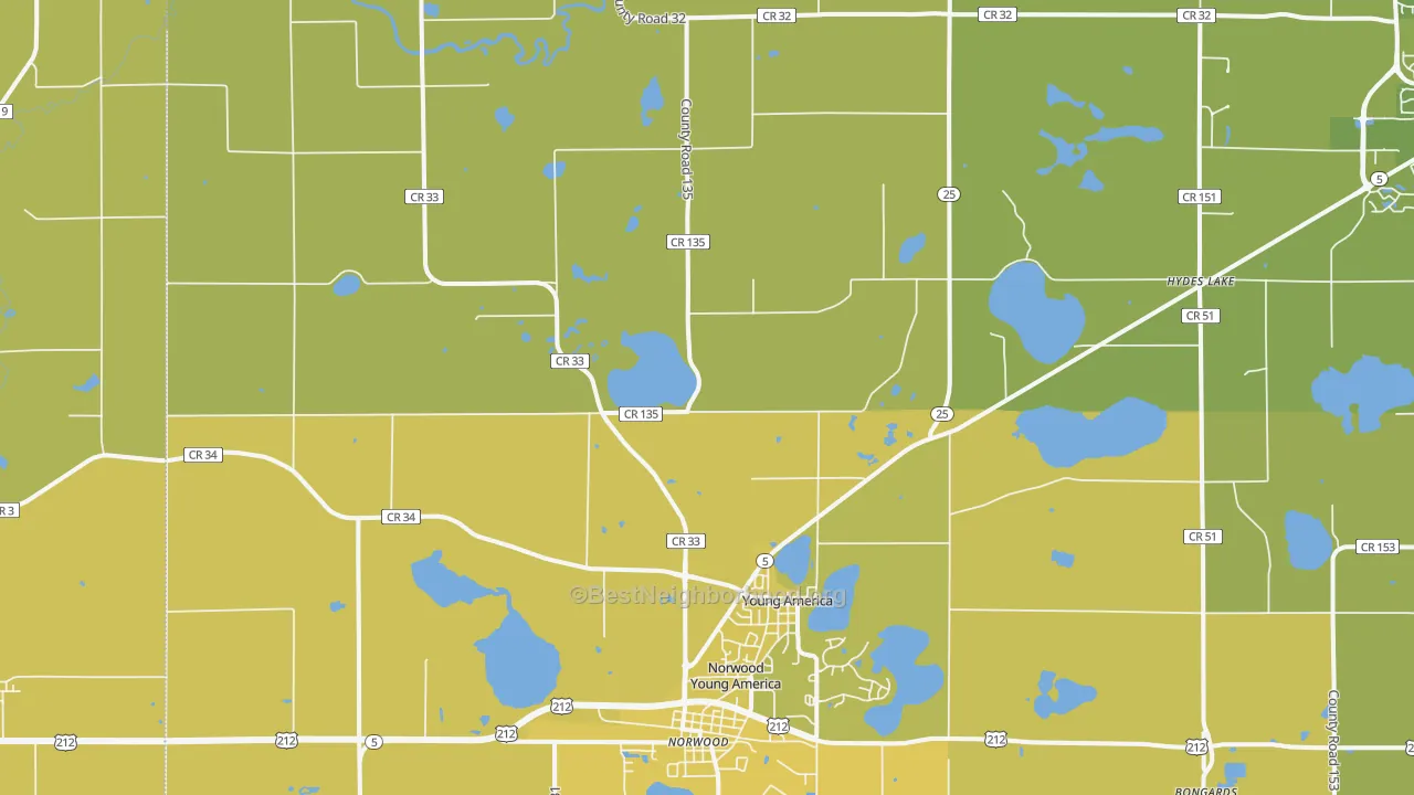 Map of the best neighborhoods in the Young America area, with better matches in green and worse matches in red