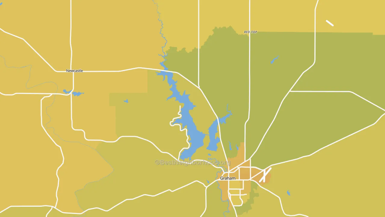 Map of the best neighborhoods in the Young County area, with better matches in green and worse matches in red