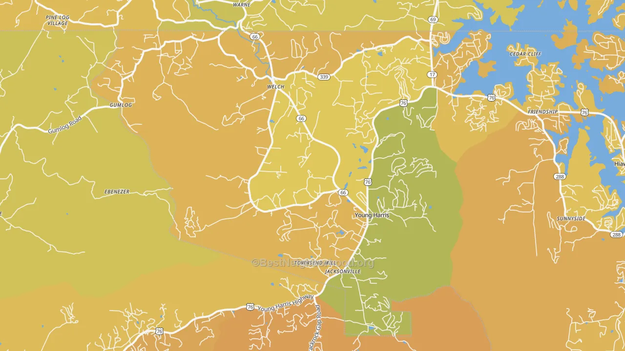 Map of the best neighborhoods in the Young Harris area, with better matches in green and worse matches in red