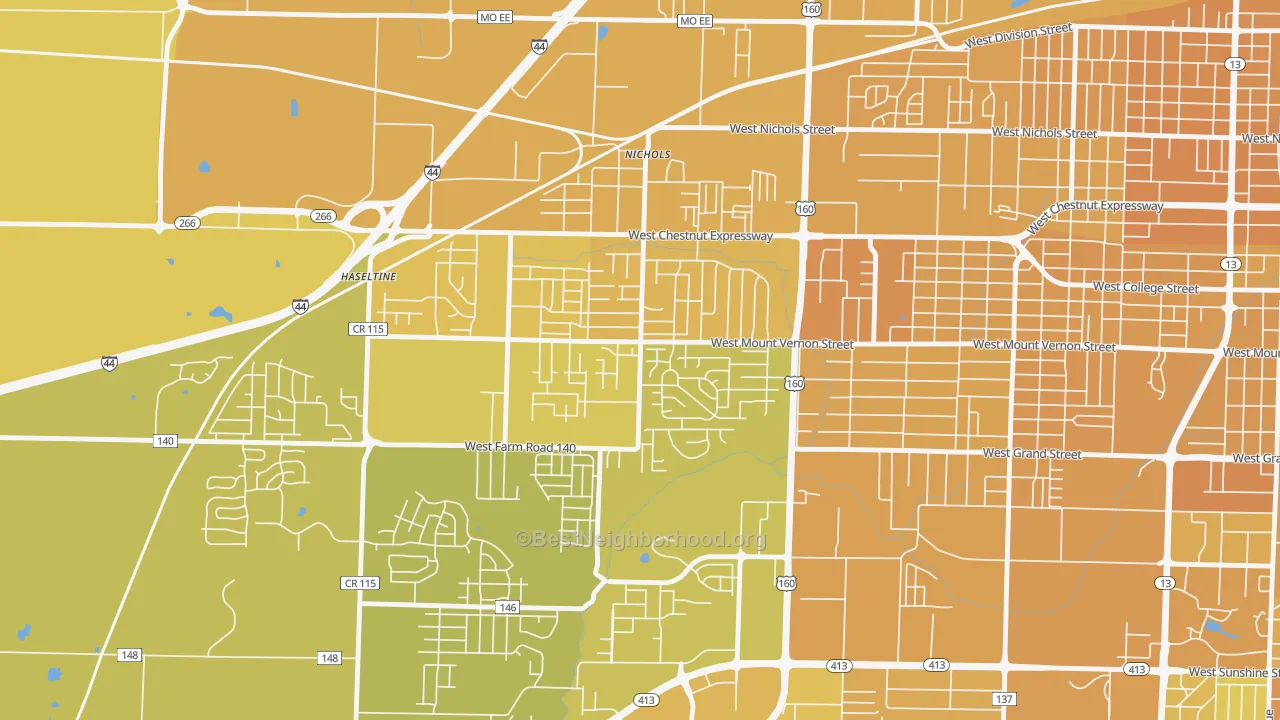 Map of the best neighborhoods in the Young-Lilly, Springfield area, with better matches in green and worse matches in red