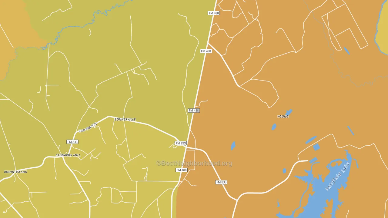Map of the best neighborhoods in the Young area, with better matches in green and worse matches in red