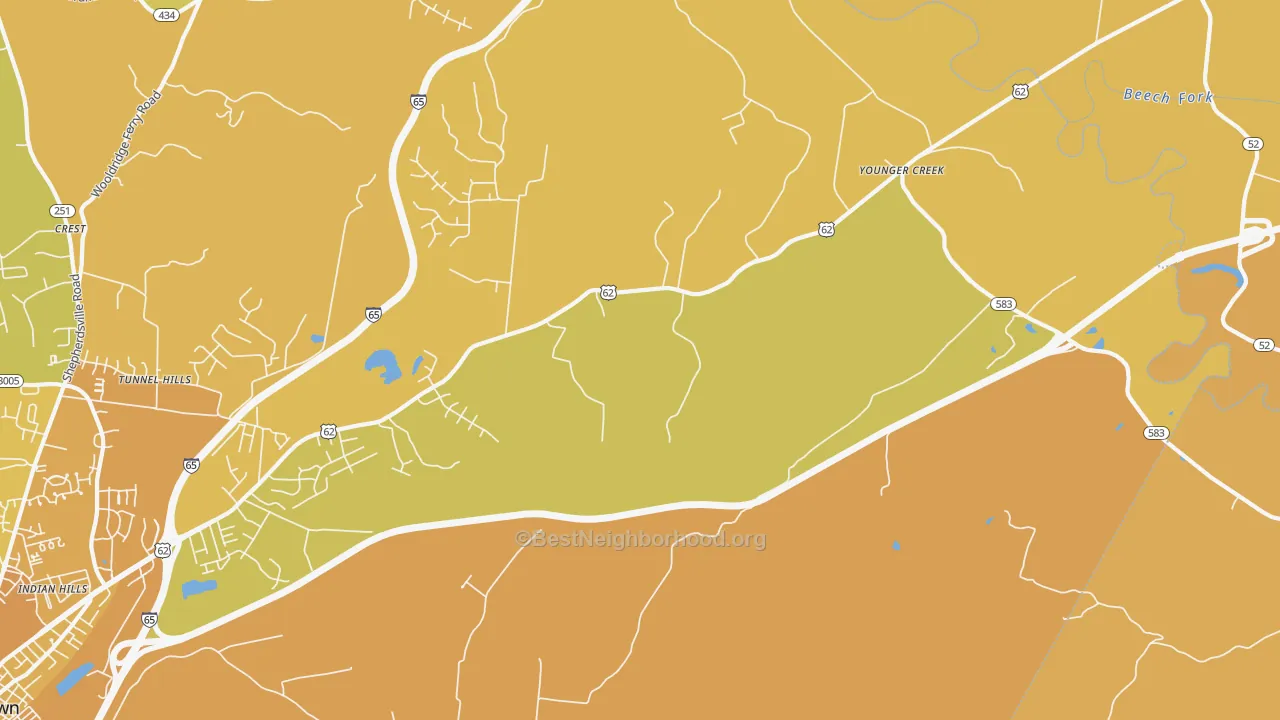 Map of the best neighborhoods in the Younger Creek area, with better matches in green and worse matches in red