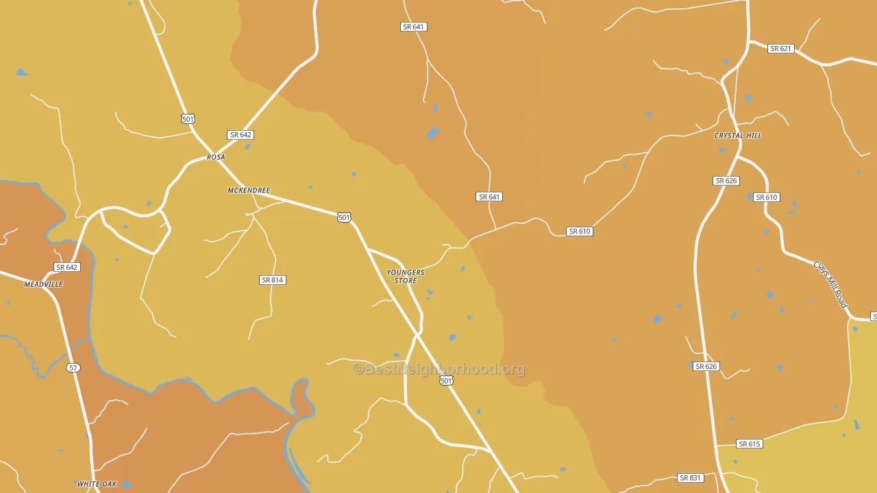 Map of the best neighborhoods in the Youngers Store area, with better matches in green and worse matches in red