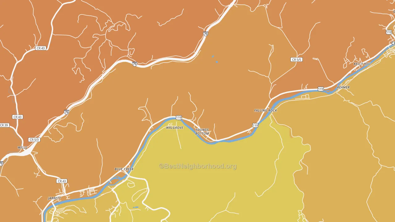 Map of the best neighborhoods in the Youngs Bottom area, with better matches in green and worse matches in red