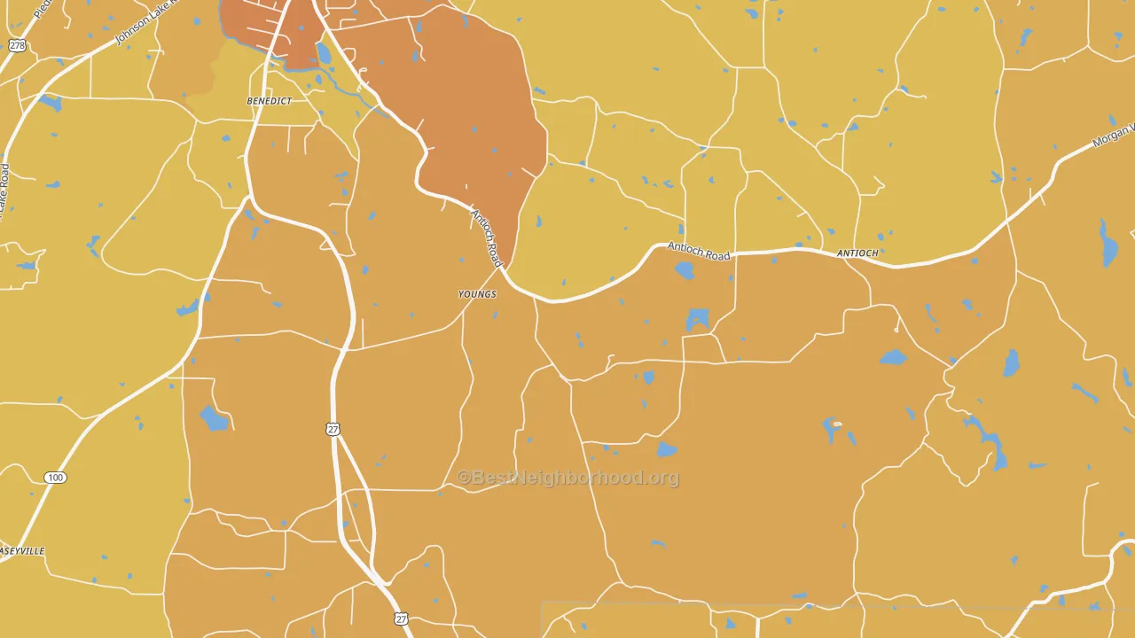 Map of the best neighborhoods in the Youngs area, with better matches in green and worse matches in red