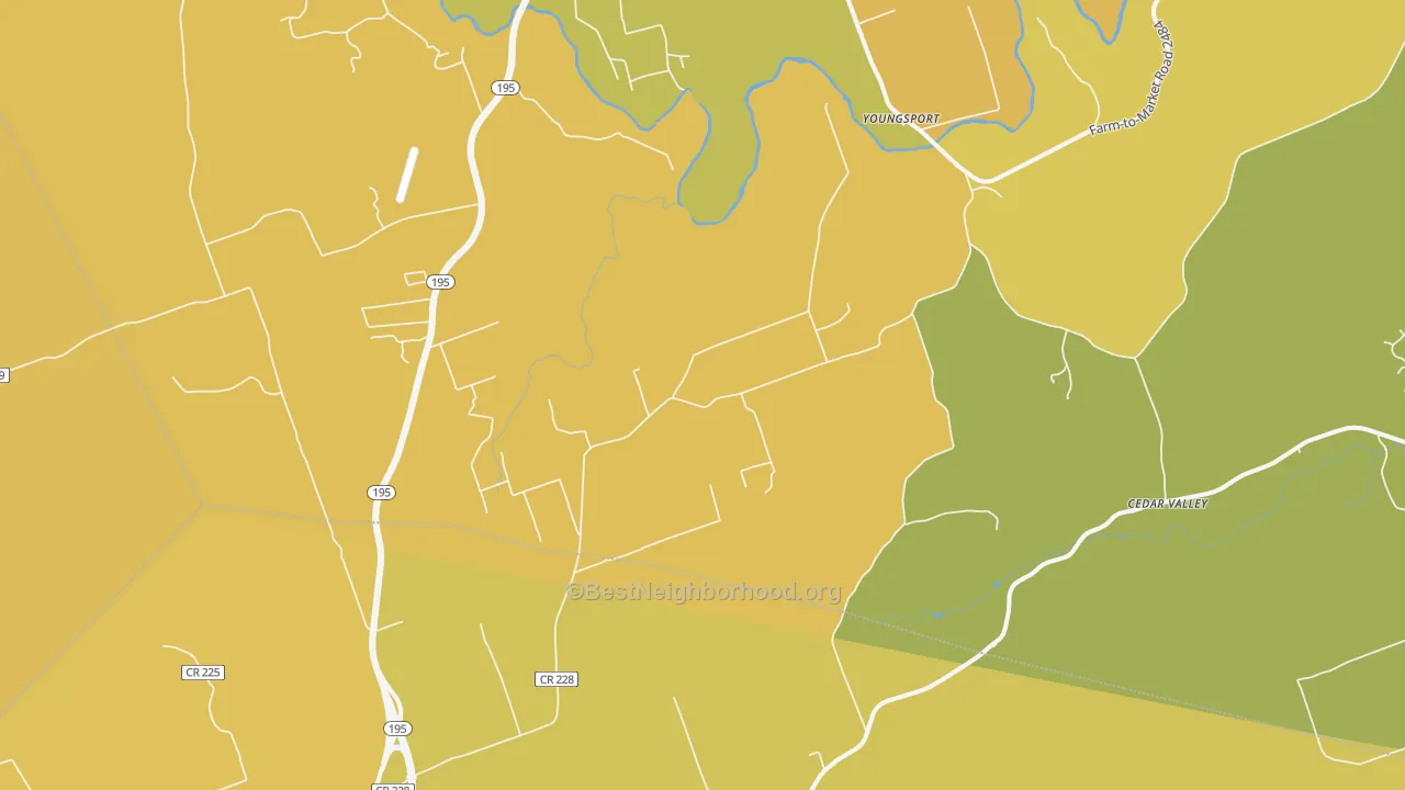 Map of the best neighborhoods in the Youngsport area, with better matches in green and worse matches in red