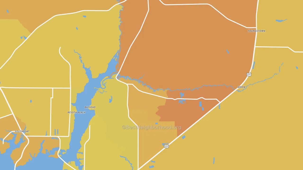 Map of the best neighborhoods in the Youngstown area, with better matches in green and worse matches in red