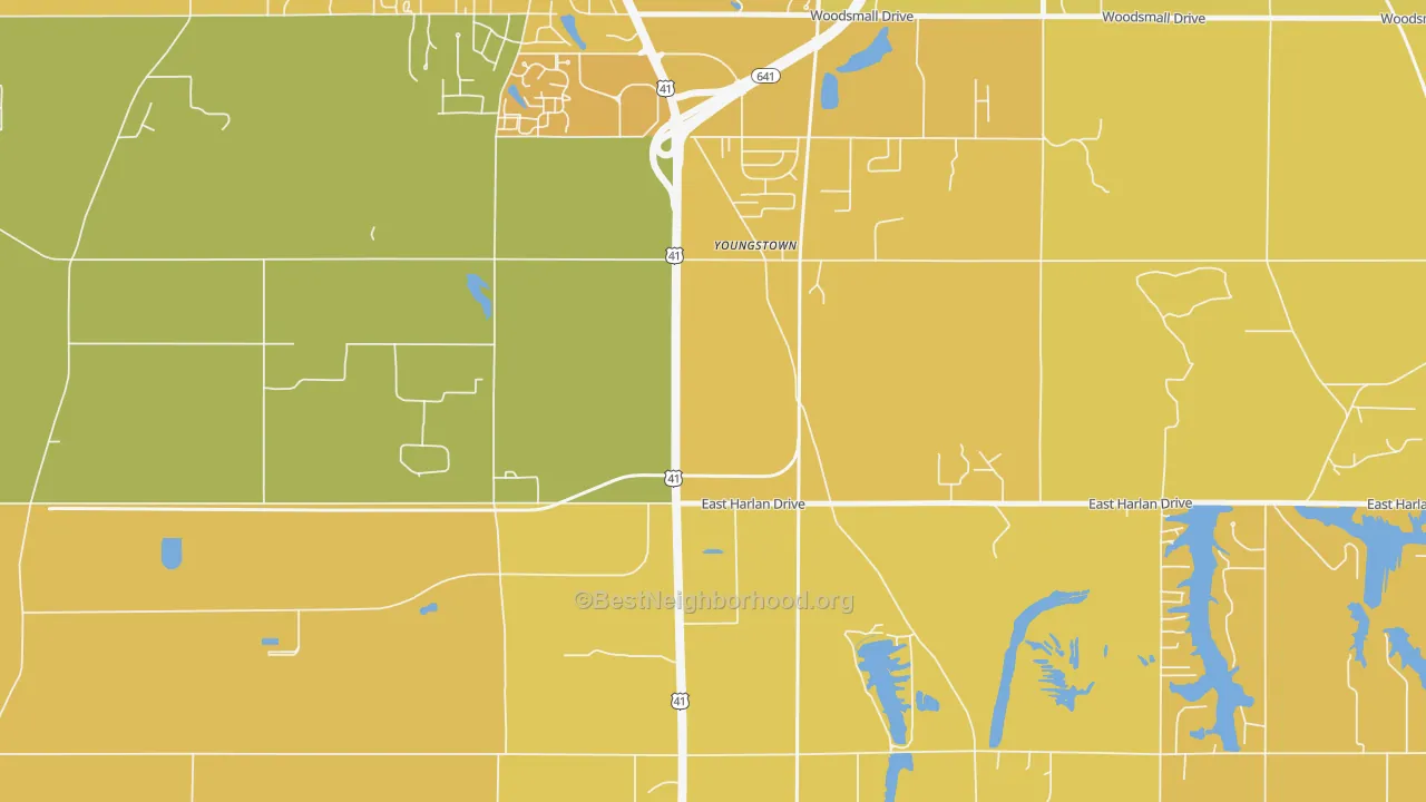 Map of the best neighborhoods in the Youngstown area, with better matches in green and worse matches in red