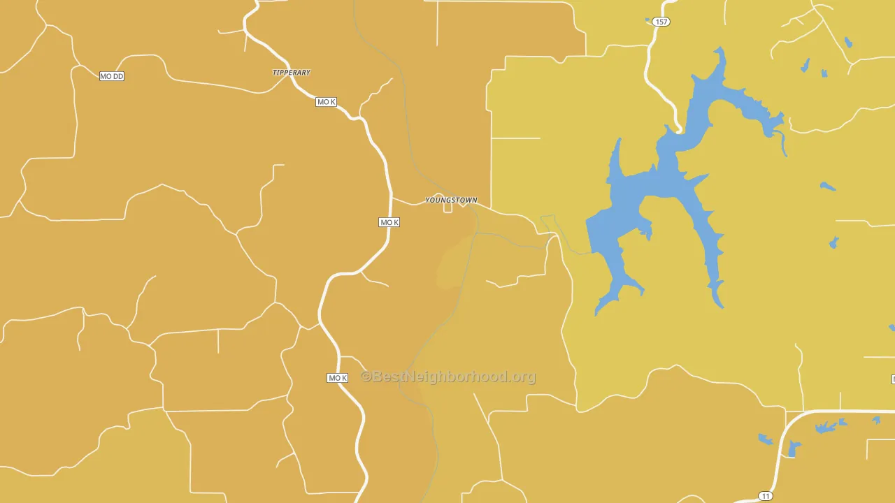 Map of the best neighborhoods in the Youngstown area, with better matches in green and worse matches in red