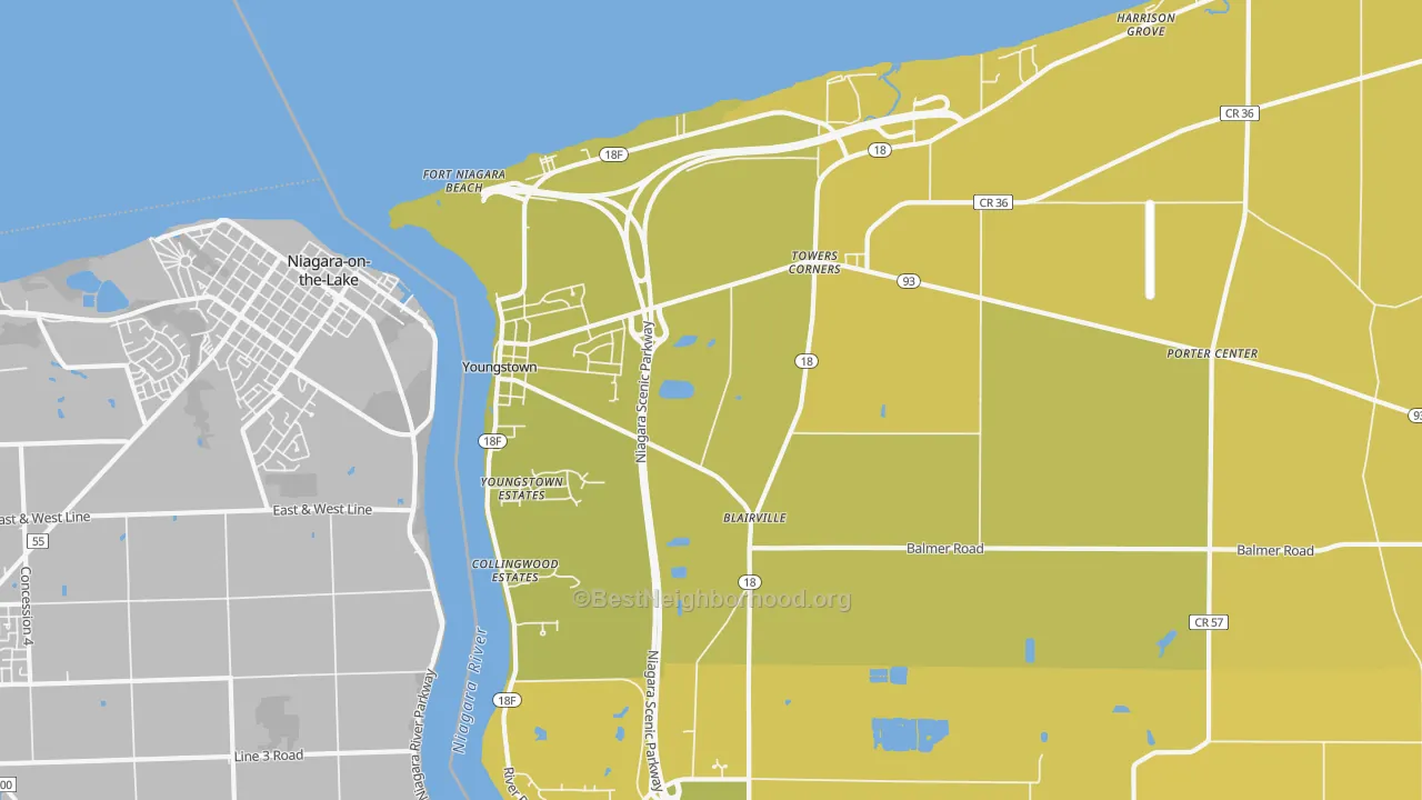 Map of the best neighborhoods in the Youngstown area, with better matches in green and worse matches in red