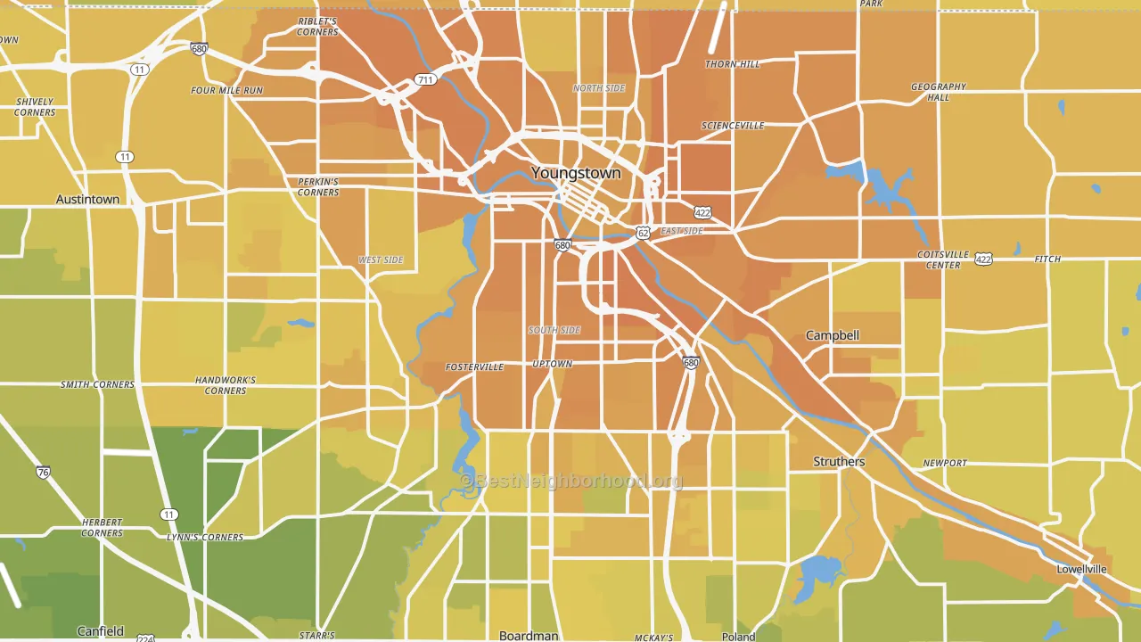 Map of the best neighborhoods in the Youngstown Metro area, with better matches in green and worse matches in red