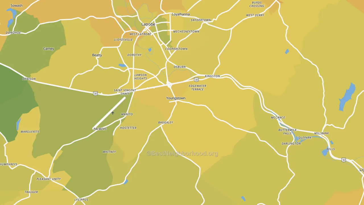 Map of the best neighborhoods in the Youngstown area, with better matches in green and worse matches in red
