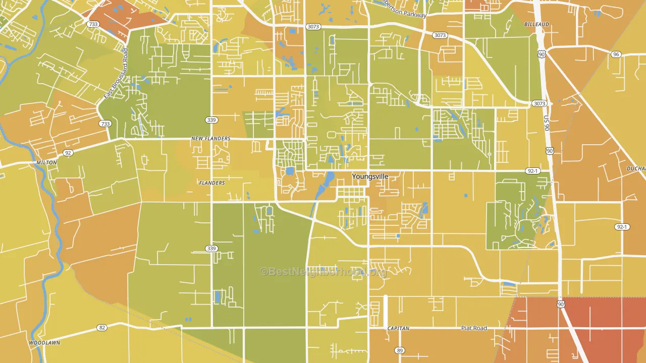 Map of the best neighborhoods in the Youngsville area, with better matches in green and worse matches in red