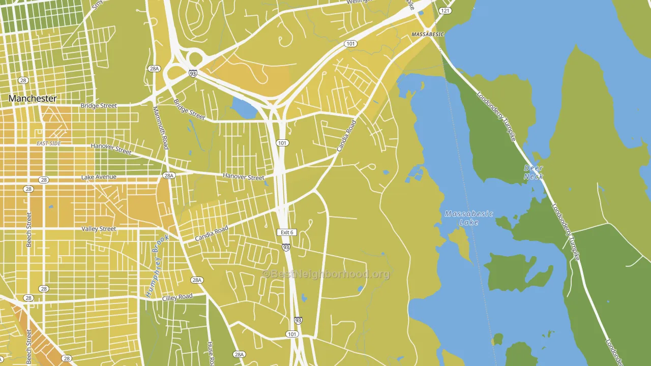 Map of the best neighborhoods in the Youngsville, Manchester area, with better matches in green and worse matches in red
