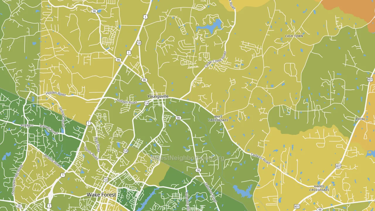 Map of the best neighborhoods in the Youngsville area, with better matches in green and worse matches in red