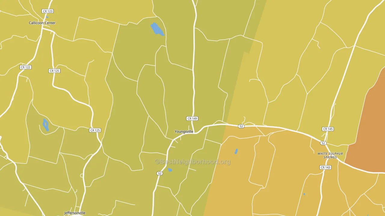 Map of the best neighborhoods in the Youngsville area, with better matches in green and worse matches in red