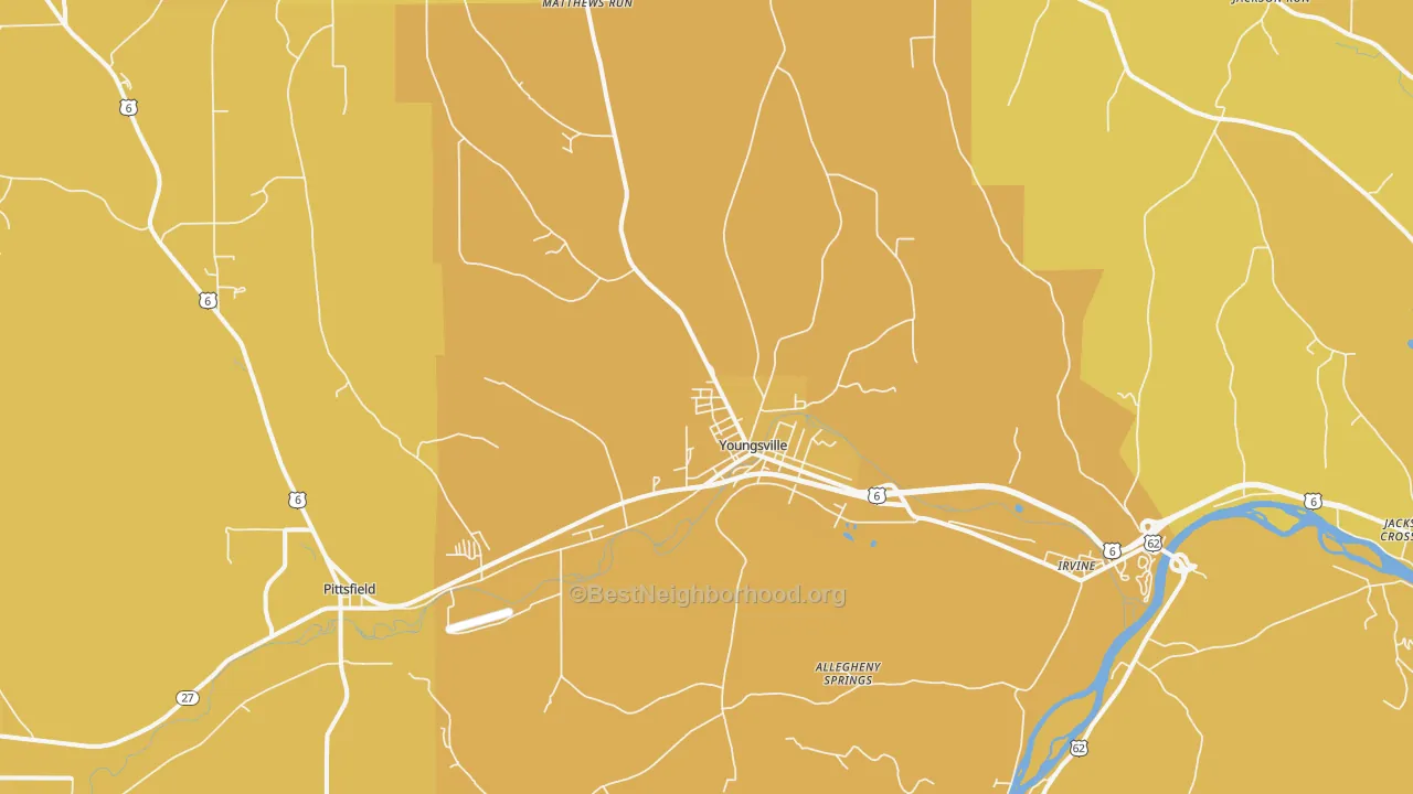 Map of the best neighborhoods in the Youngsville area, with better matches in green and worse matches in red