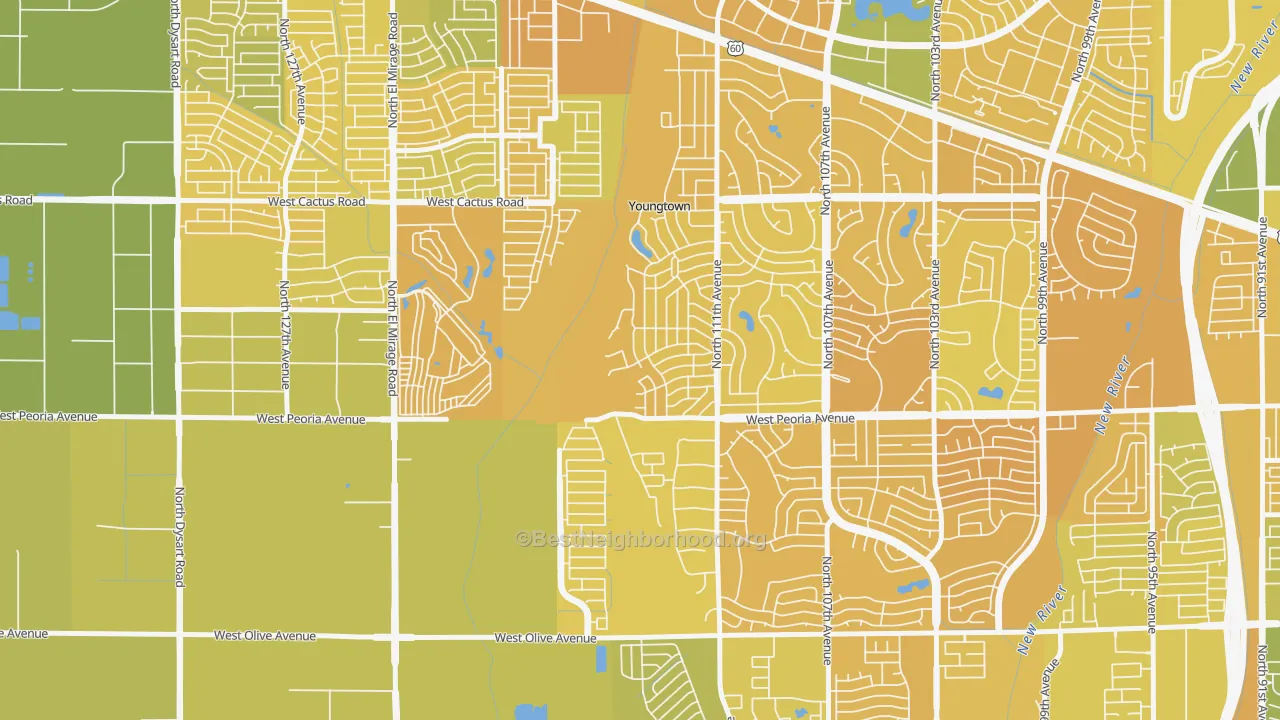 Map of the best neighborhoods in the Youngtown area, with better matches in green and worse matches in red