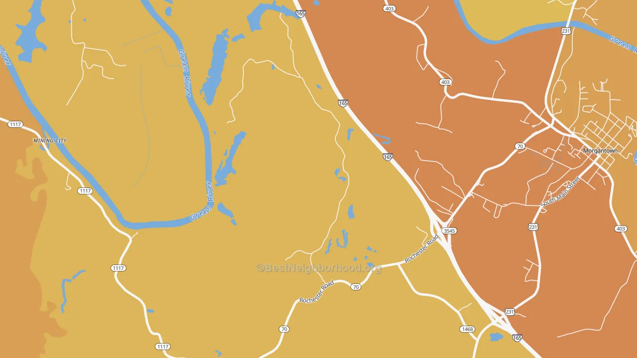 Map of the best neighborhoods in the Youngtown area, with better matches in green and worse matches in red