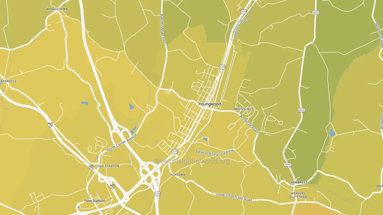 Map of the best neighborhoods in the Youngwood area, with better matches in green and worse matches in red