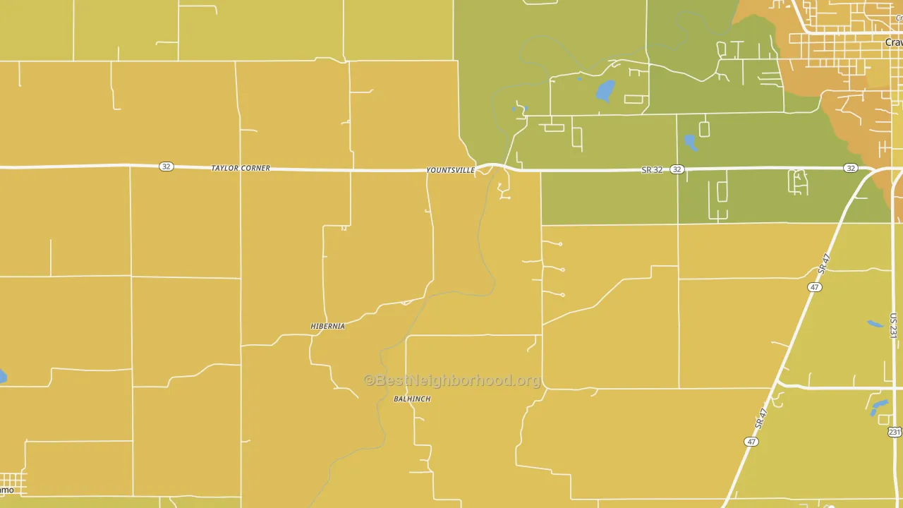 Map of the best neighborhoods in the Yountsville area, with better matches in green and worse matches in red