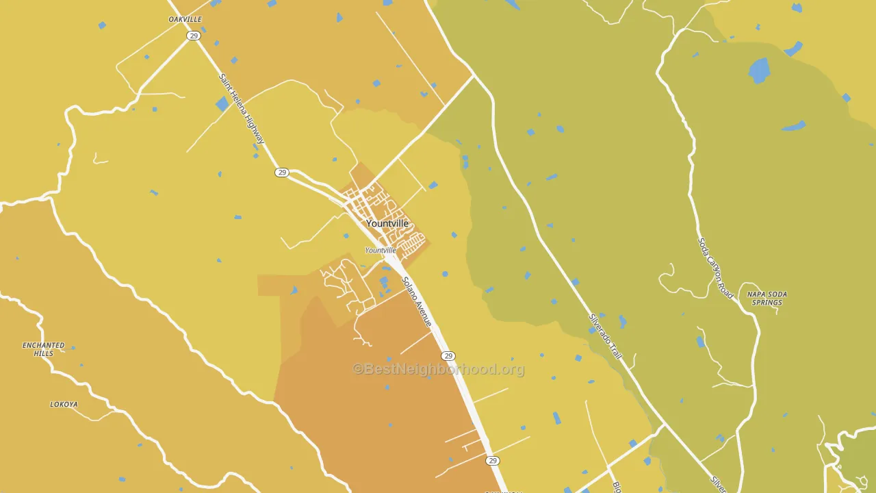 Map of the best neighborhoods in the Yountville area, with better matches in green and worse matches in red