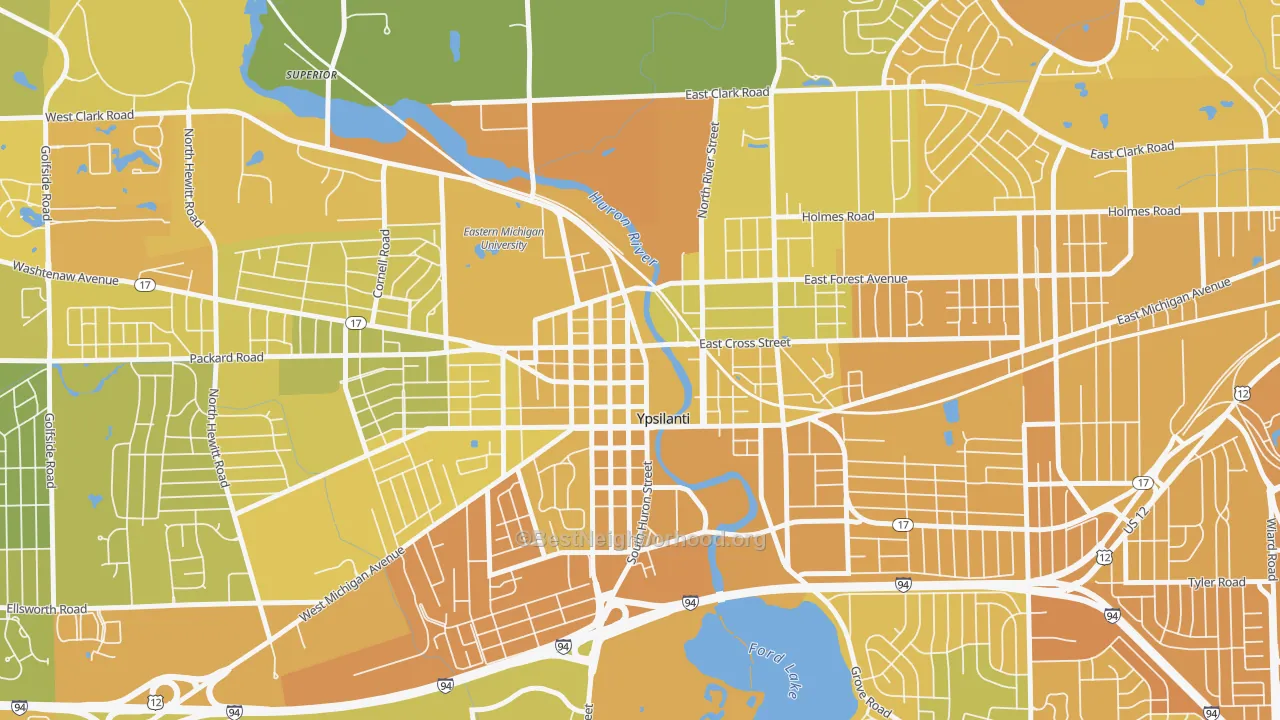 Map of the best neighborhoods in the Ypsilanti Historic District, Ypsilanti area, with better matches in green and worse matches in red