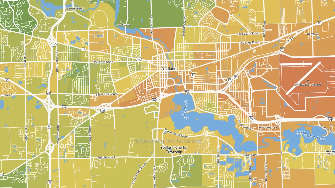Map of the best neighborhoods in the Ypsilanti area, with better matches in green and worse matches in red