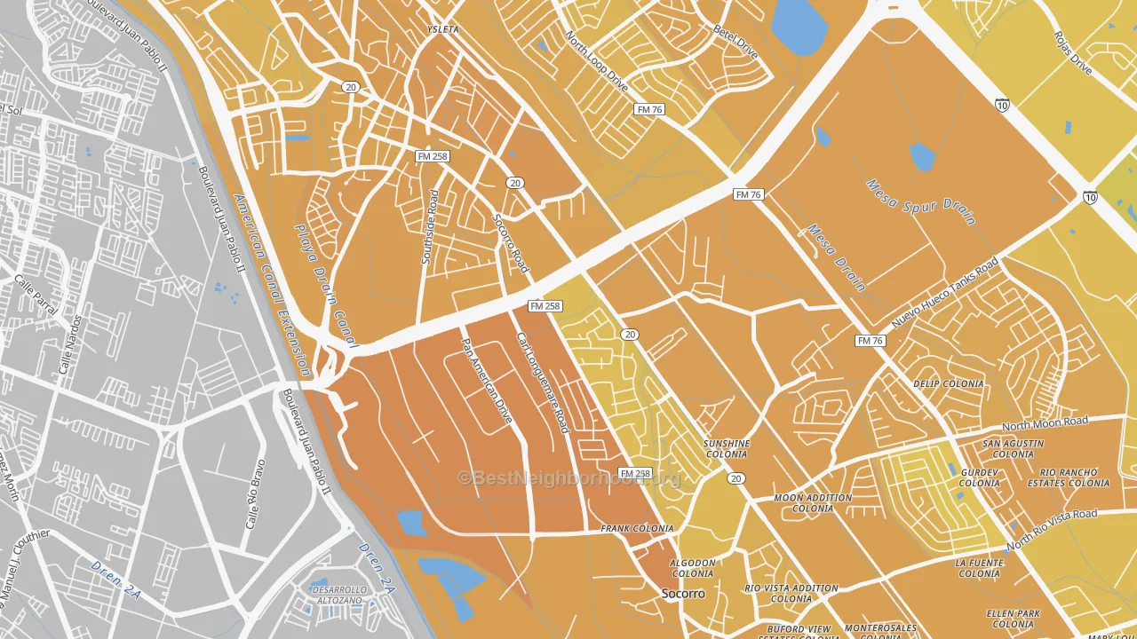 Map of the best neighborhoods in the Ysleta Mission Valley, El Paso area, with better matches in green and worse matches in red
