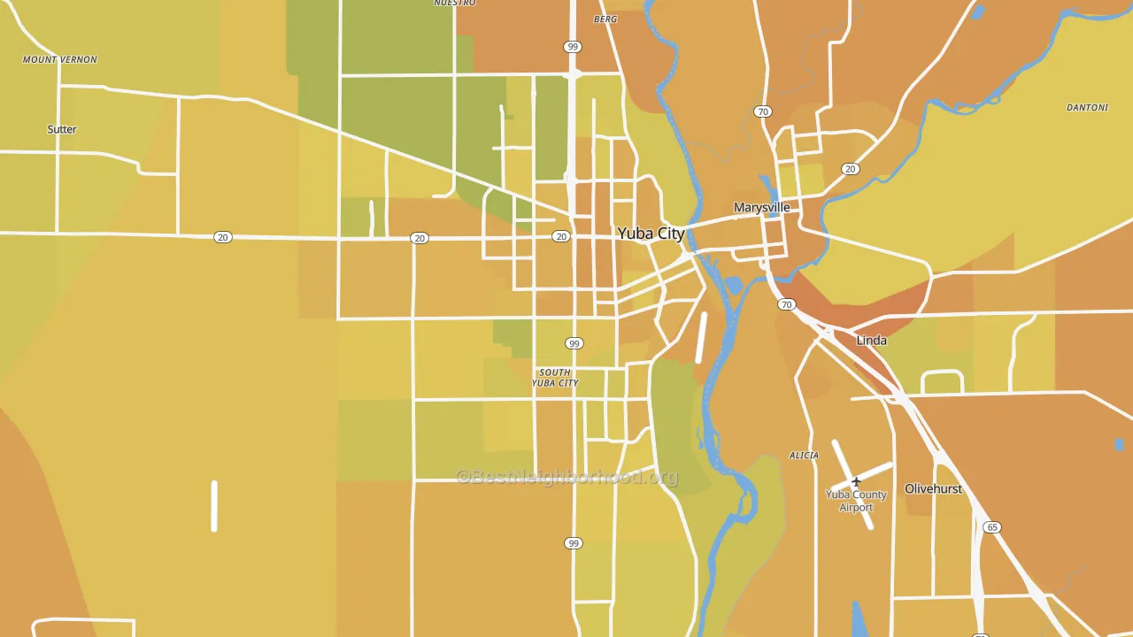 Map of the best neighborhoods in the Yuba City Metro area, with better matches in green and worse matches in red