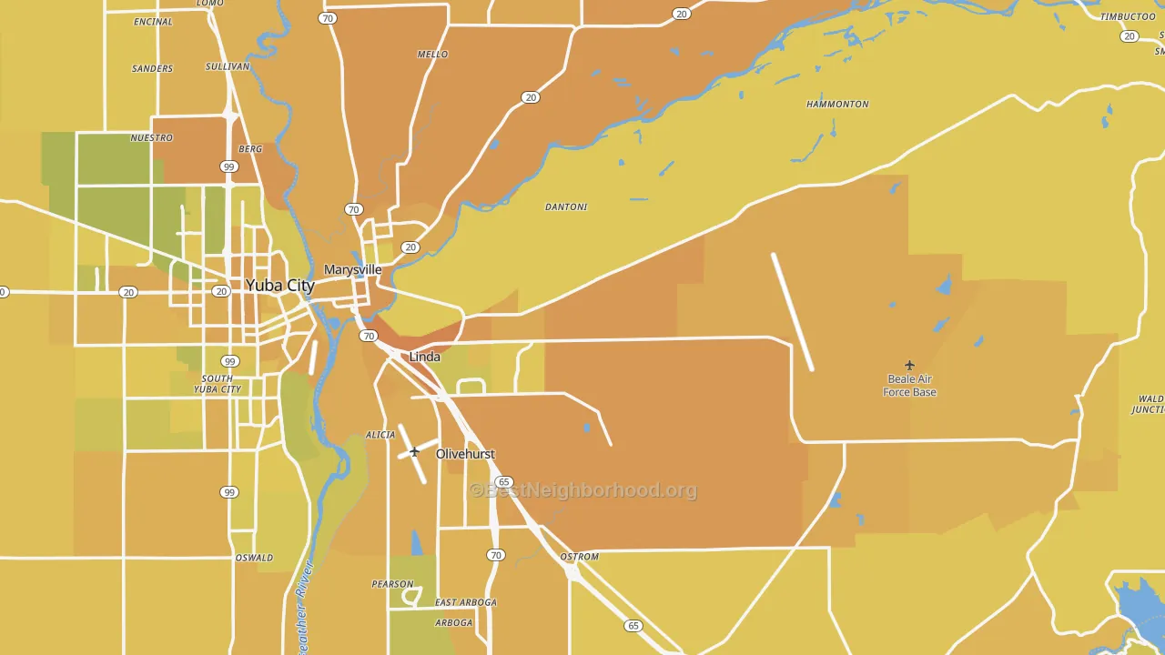 Map of the best neighborhoods in the Yuba County area, with better matches in green and worse matches in red