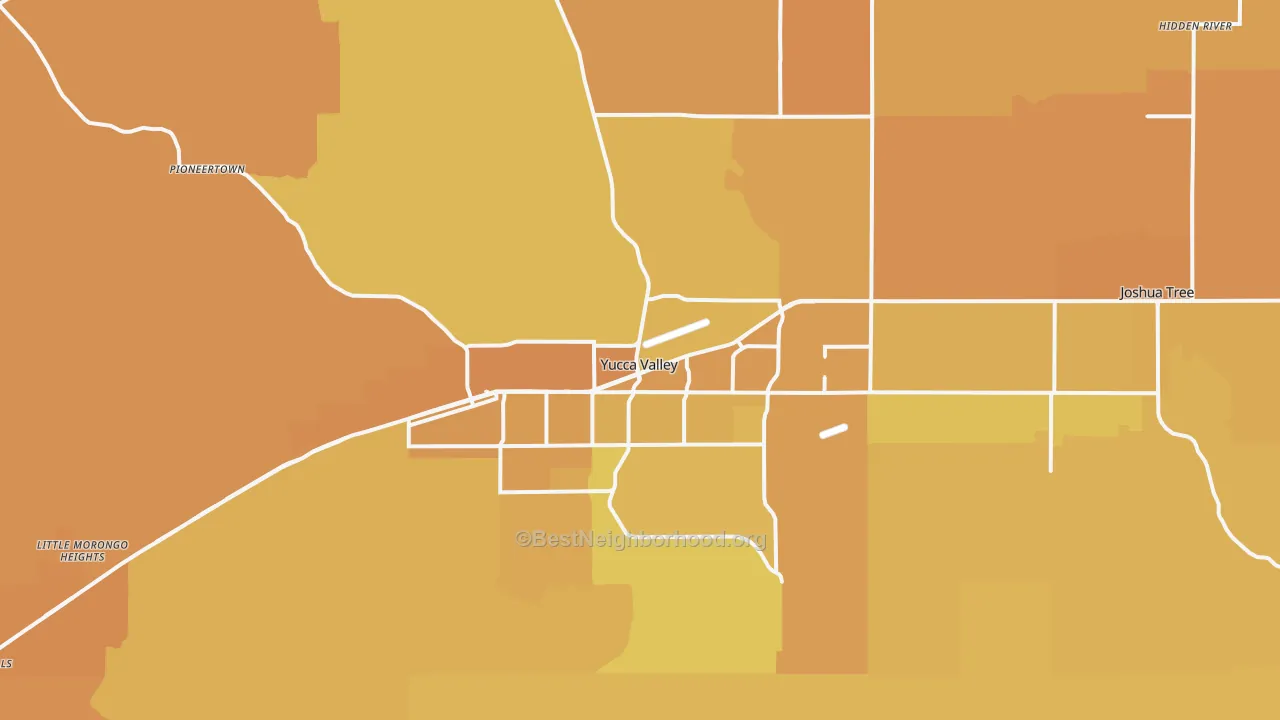 Map of the best neighborhoods in the Yucca Valley area, with better matches in green and worse matches in red