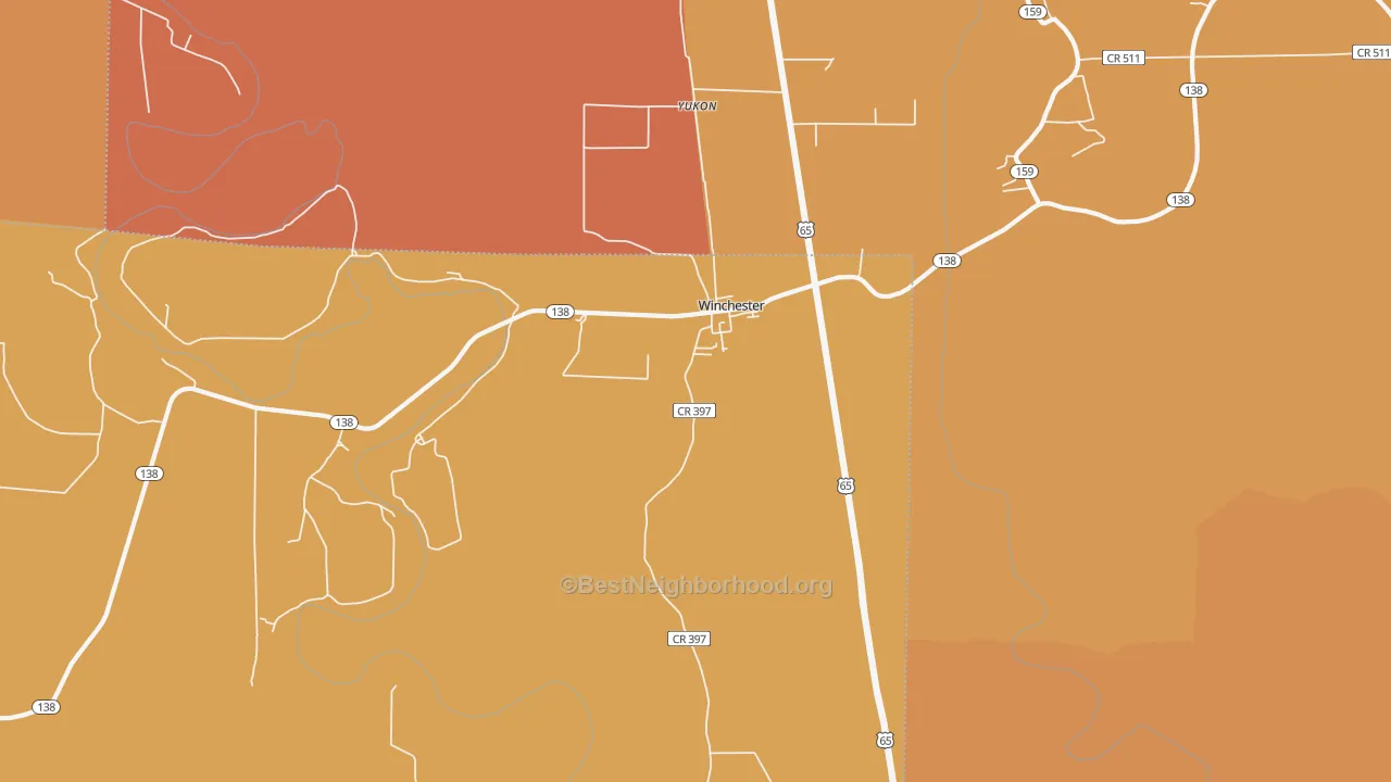 Map of the best neighborhoods in the Yukon area, with better matches in green and worse matches in red