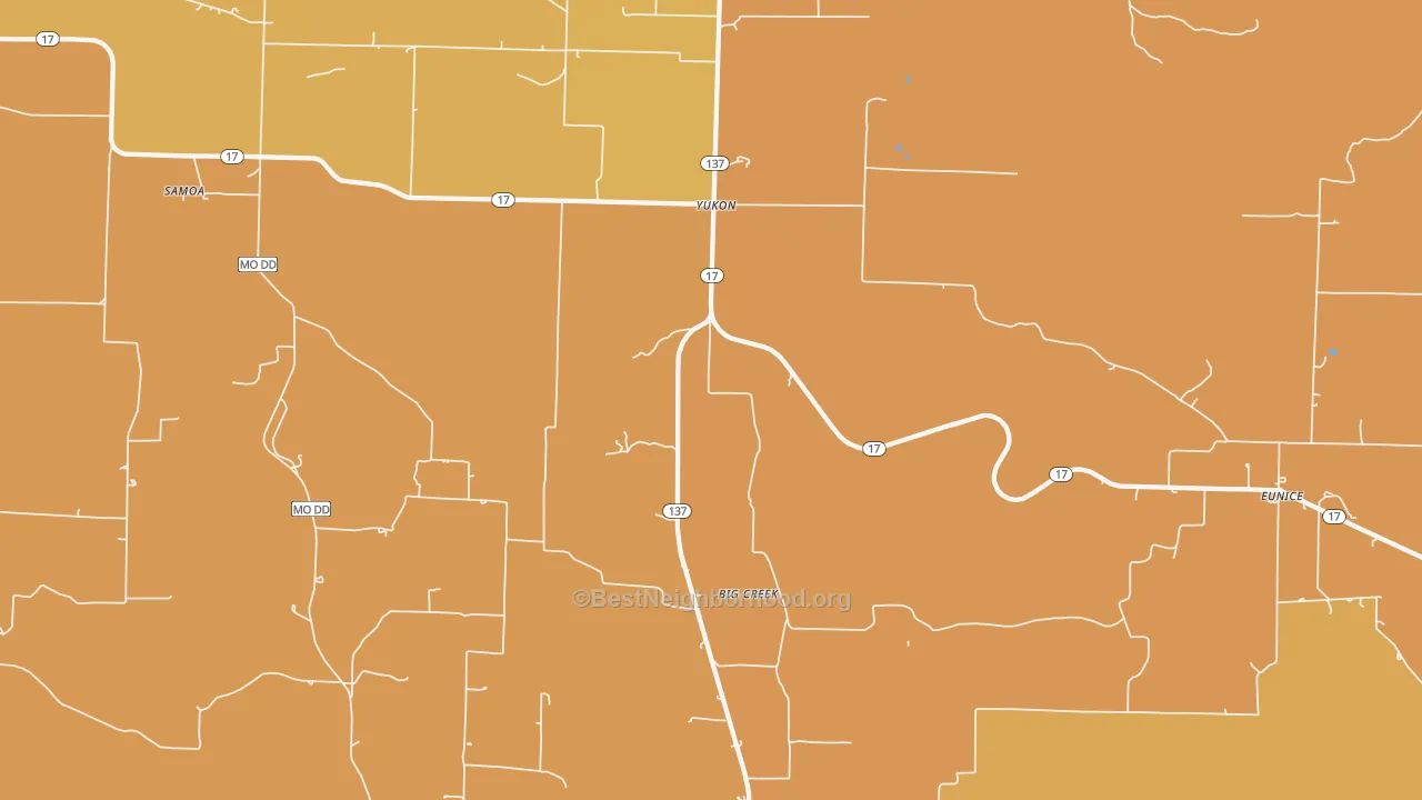 Map of the best neighborhoods in the Yukon area, with better matches in green and worse matches in red
