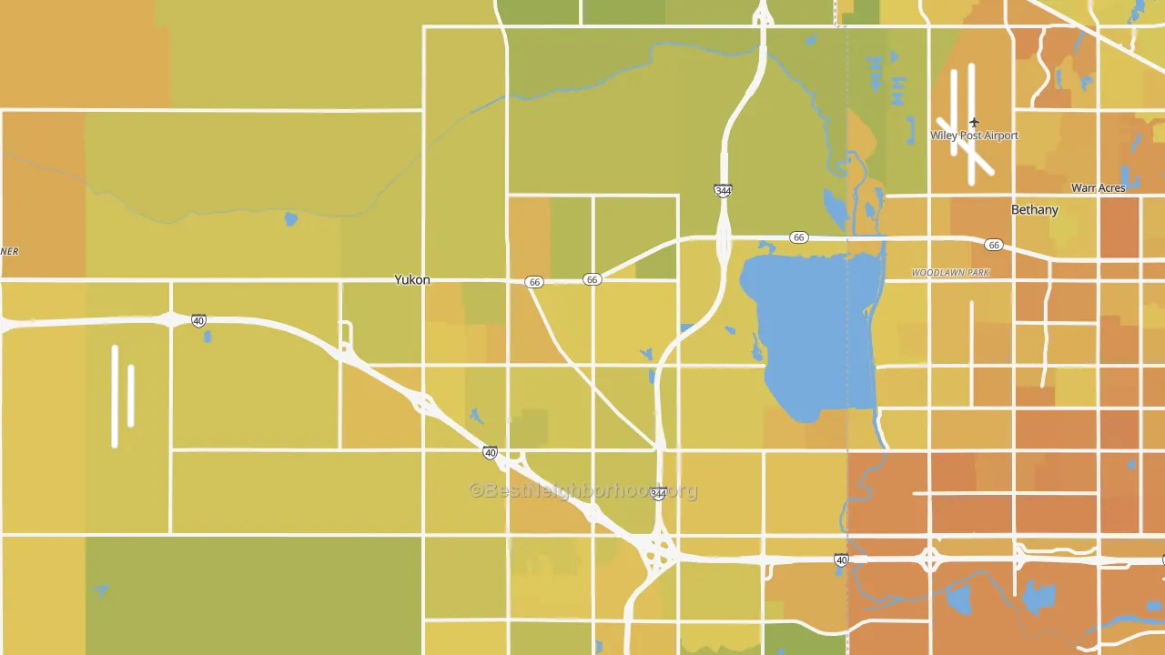 Map of the best neighborhoods in the Yukon area, with better matches in green and worse matches in red