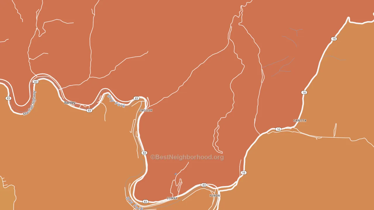 Map of the best neighborhoods in the Yukon area, with better matches in green and worse matches in red