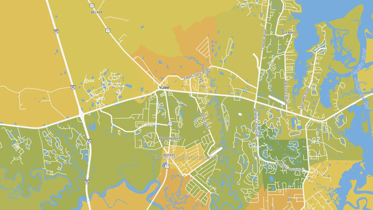 Map of the best neighborhoods in the Yulee area, with better matches in green and worse matches in red