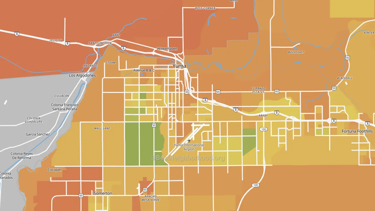 Map of the best neighborhoods in the Yuma Metro area, with better matches in green and worse matches in red